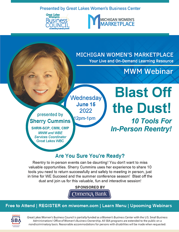 MWM webinar  FLYER _Sherry Cummins_Blast Off the Dust_In Person ReEntry