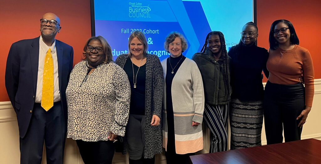 BGP Fall 2022 Cohort Pitch Winners (From left to right): Lawrence Jackson, BGP;  and Lori Wesby (Pitch Timer);  Judge Tiffany Klingensmith (3) Pitch Winners:  Carol Kirkland AVE Solutions (4) and Kayla Crawford of Knotless Kay (5) Judges Lola Arѐ (6) and Lynn Garrison (7).