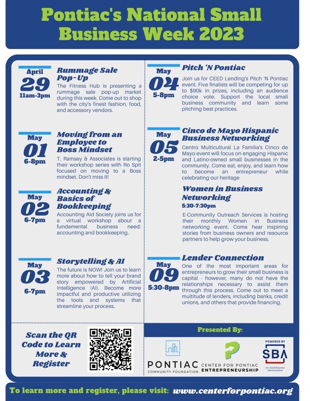 see CEED Lending at the Pontiac Lender Connection on May 9th at the Crofoot. Sponsored by Pontiac Community Foundation for National Small Business Week